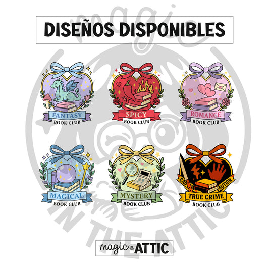 Diseños disponibles de marcapáginas imantados Book Club: Fantasy, Spicy, Romance, Magical, Mystery, True Crime