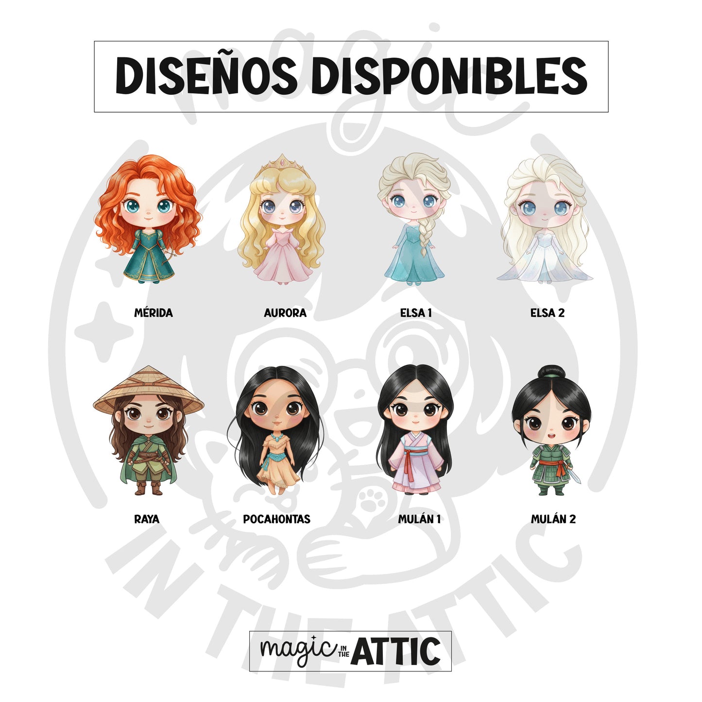 Diseños disponibles de marcapáginas imantados de princesas Disney: Mérida, Aurora, Elsa, Raya, Pocahontas, Mulán