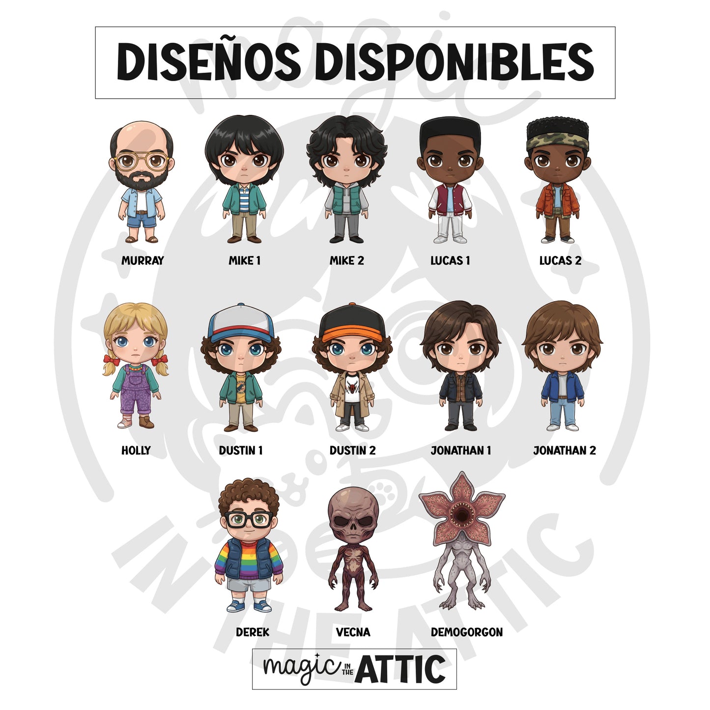 Diseños disponibles de marcapáginas imantados de Stranger Things: Murray, Mike, Lucas, Holly, Dustin, Jonathan, Derek, Vecna, Demogorgon