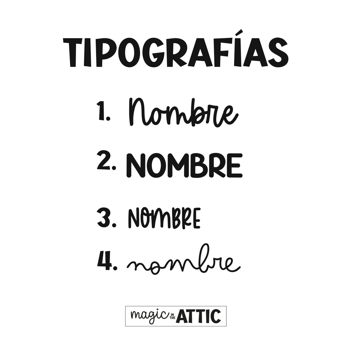 Las cuatro tipografías disponibles para personalizar el nombre: manuscrita con mayúscula inicial, mayúsculas redondeadas, mayúsculas estilo cómic y manuscrita ligada en minúsculas