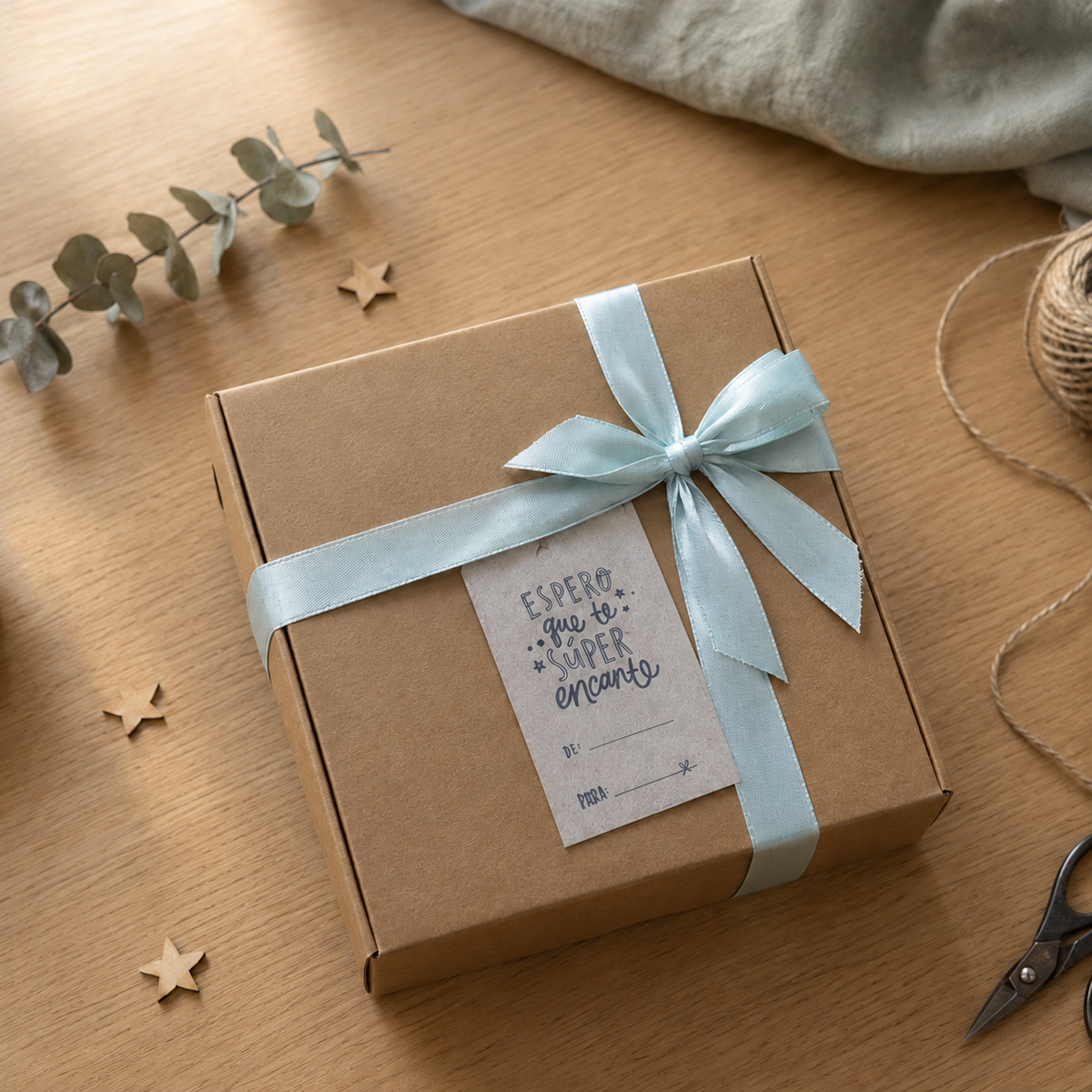Caja regalo kraft cerrada con lazo azul claro y etiqueta “Espero que te súper encante” con espacio para De y Para