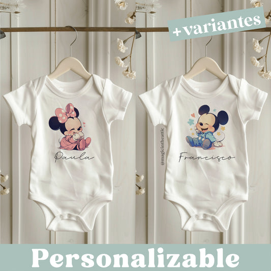 Body para bebé inspirado en disney. Modelos disponibles: mickey mouse, minnie mouse, donald y daisy. Personalizable con el nombre del bebé