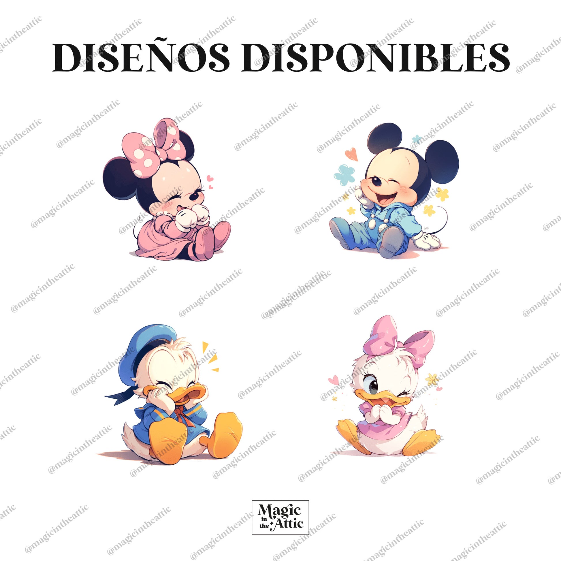 Diseños disponibles para el body de bebé inspirado en disney. Diseños disponibles: Mickey mouse, Minnie mouse, donald y daisy