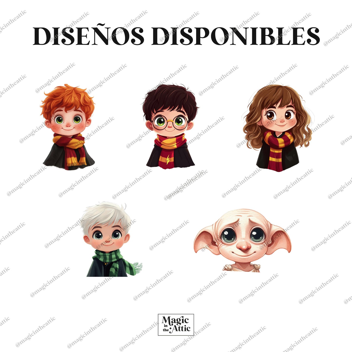 Diseños disponibles para el body de bebé inspirado en harry potter. Diseños disponibles: Harry potter, ron weasley, hermione granger, draco malfoy y dobby