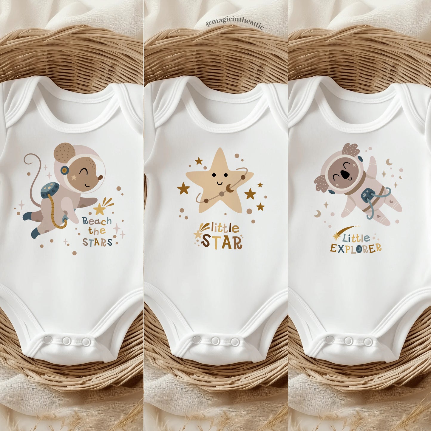 Body para bebé inspirado en el espacio. Modelos disponibles: ratón astronauta, koala astronauta y estrella.