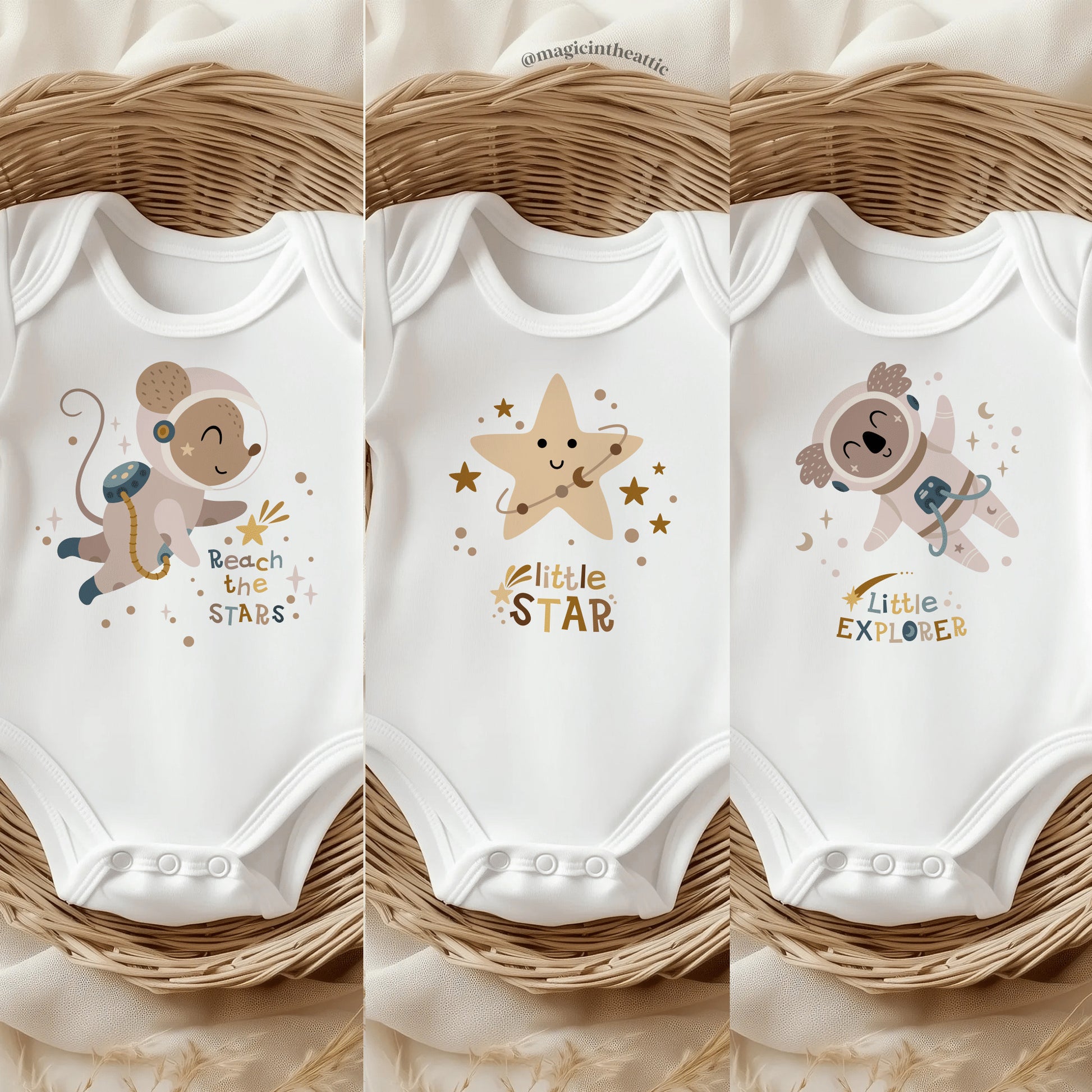 Body para bebé inspirado en el espacio. Modelos disponibles: ratón astronauta, koala astronauta y estrella.