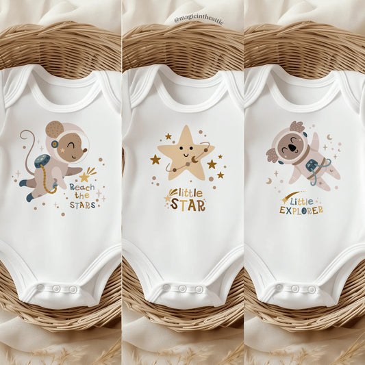 Body para bebé inspirado en el espacio. Modelos disponibles: ratón astronauta, koala astronauta y estrella.