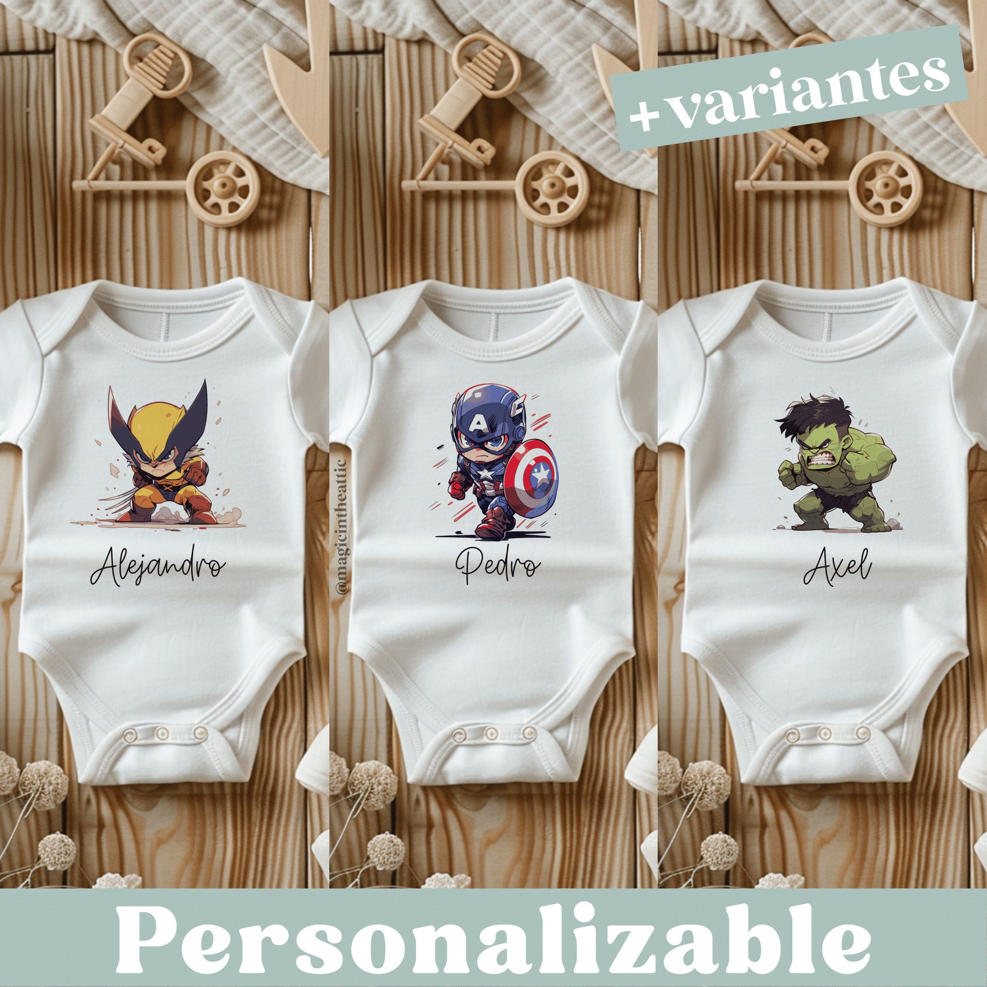 Body para bebé inspirado en Marvel comics. Modelos disponibles: Black widow, Captain America, Deadpool, Groot, Hulk, iron man, loki, rocket, scarlet witch, spiderman, thanos, thor, wolverine, venom, war machine y winter soldier. Personalizable con el nombre del bebé