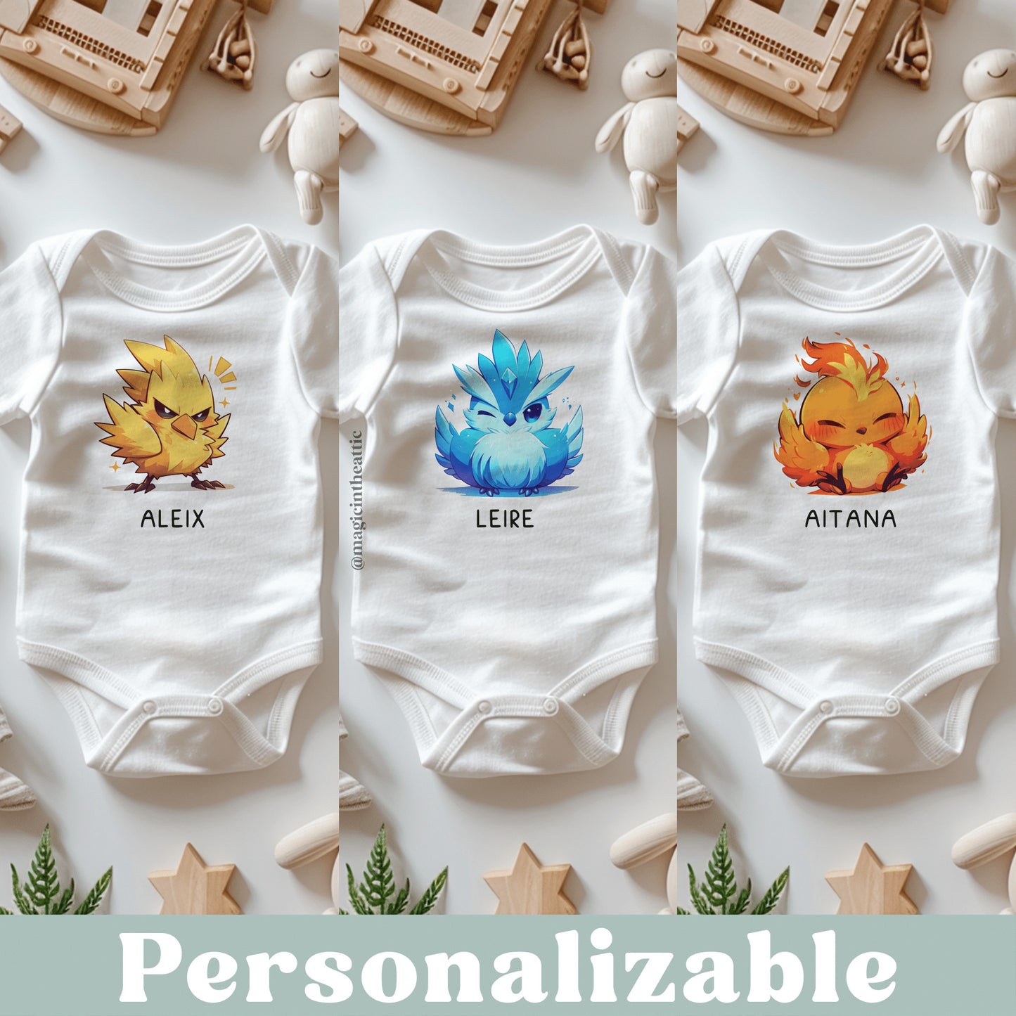 Body para bebé inspirado en pokémon. Modelos disponibles: articuno, zapdos y moltres. Personalizable con el nombre del bebé