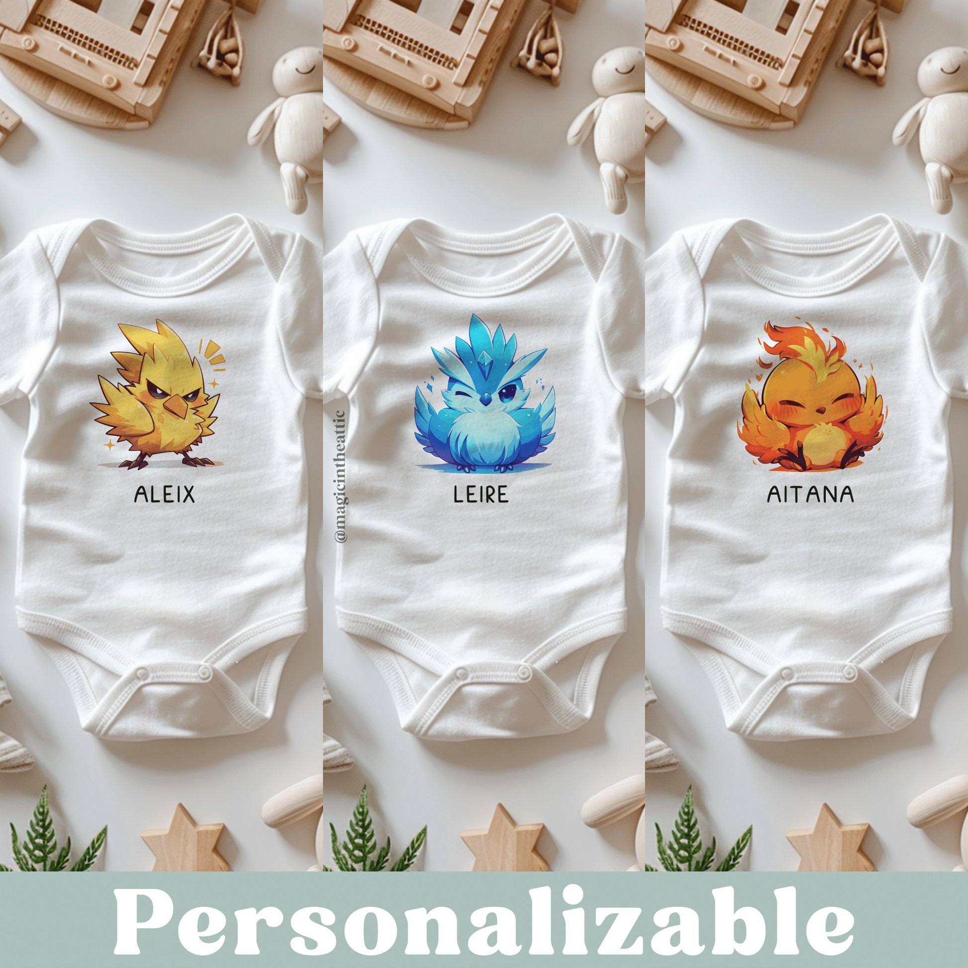 Body para bebé inspirado en pokémon. Modelos disponibles: articuno, zapdos y moltres. Personalizable con el nombre del bebé