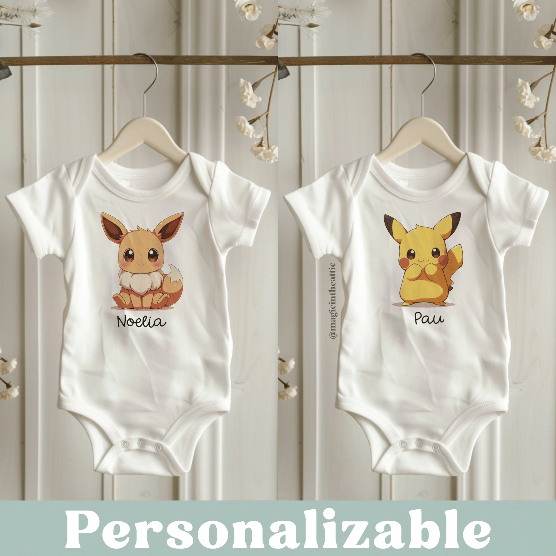 Body para bebé inspirado en pokémon. Modelos disponibles: pikachu y eevee. Personalizable con el nombre del bebé