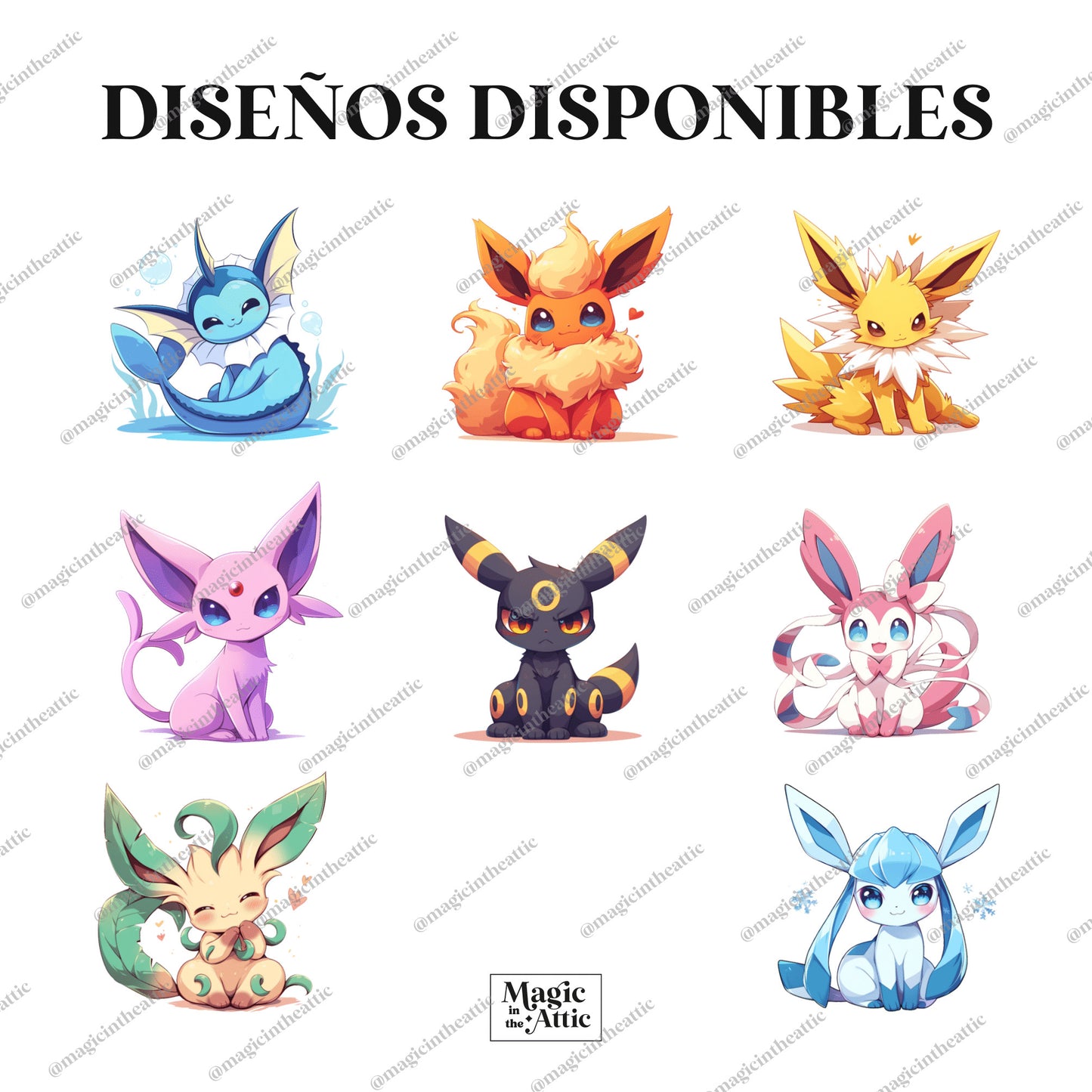 Diseños disponibles para el body de bebé inspirado en pokémon. Diseños disponibles: vaporeon, jolteon, flareon, espeon, umbreon, sylveon, leafeon y glaceon