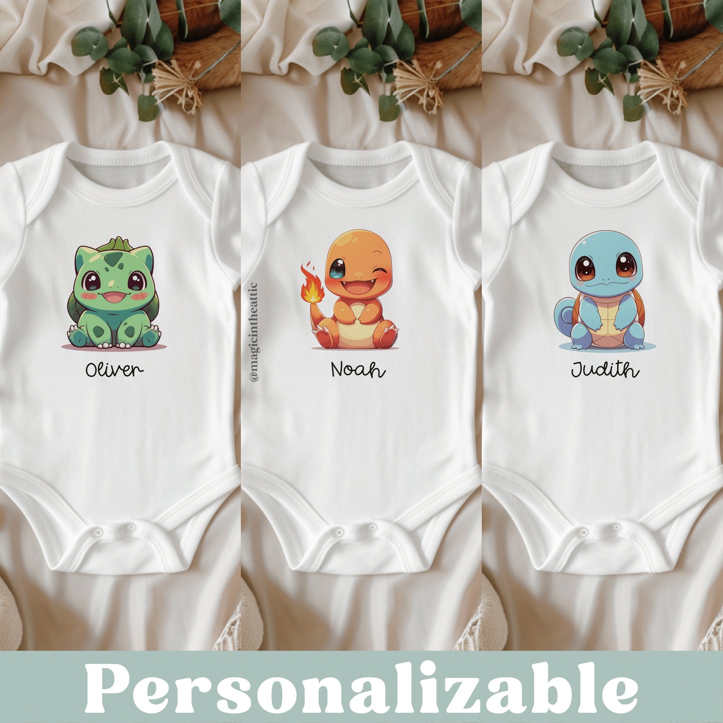 Body para bebé inspirado en pokémon. Modelos disponibles: bulbasaur, charmander y squirtle. Personalizable con el nombre del bebé