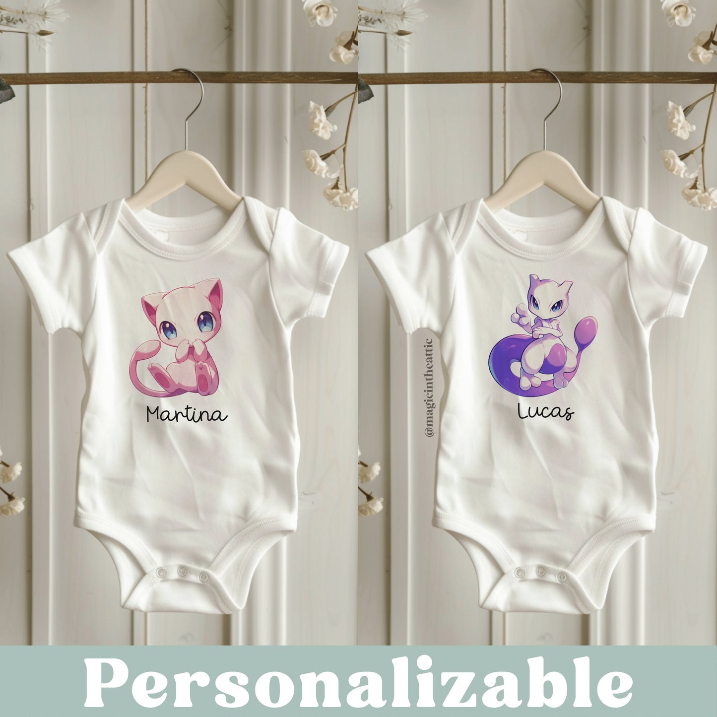 Body para bebé inspirado en pokémon. Modelos disponibles: mew y mewtwo. Personalizable con el nombre del bebé