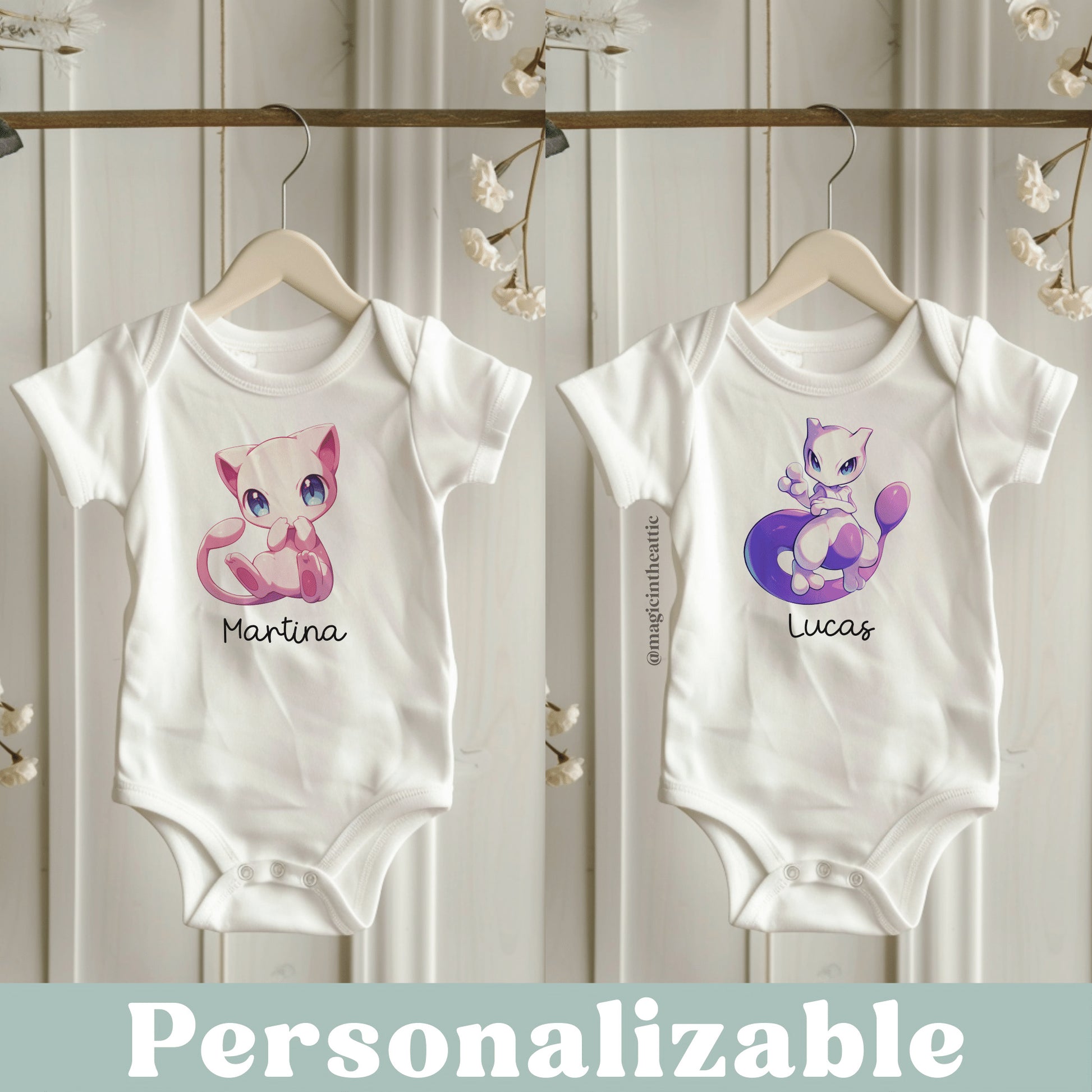Body para bebé inspirado en pokémon. Modelos disponibles: mew y mewtwo. Personalizable con el nombre del bebé