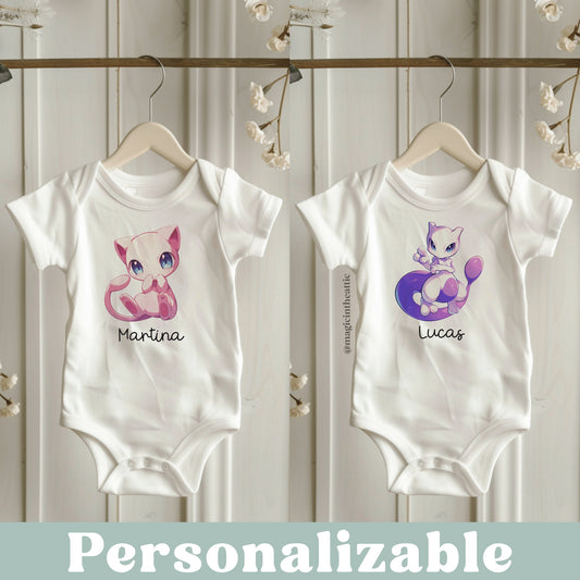 Body para bebé inspirado en pokémon. Modelos disponibles: mew y mewtwo. Personalizable con el nombre del bebé