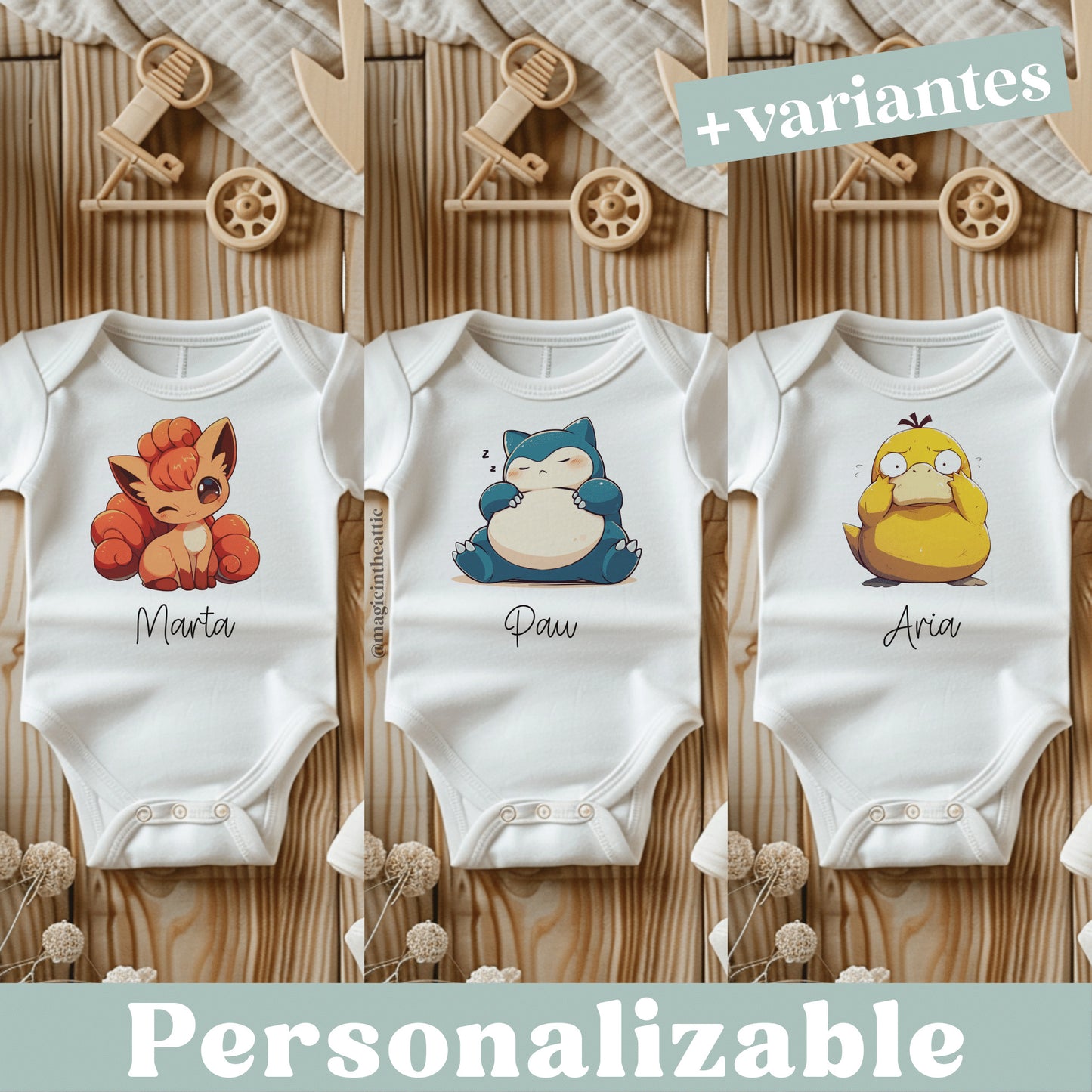 Body para bebé inspirado en pokémon. Modelos disponibles: vulpix, gengar, snorlax, psyduck, dragonite. Personalizable con el nombre del bebé