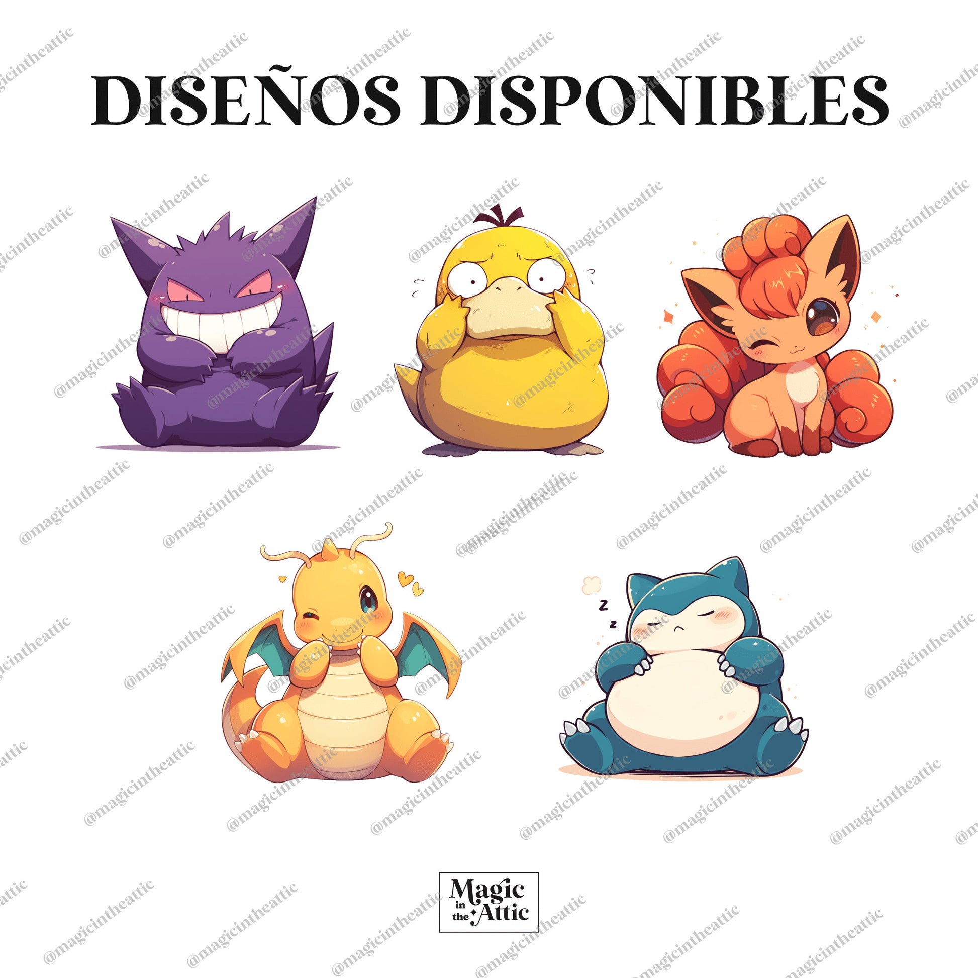 Diseños disponibles para el body de bebé inspirado en pokémon. Diseños disponibles: gengar, psyduck, vulpix, dragonite y snorlax