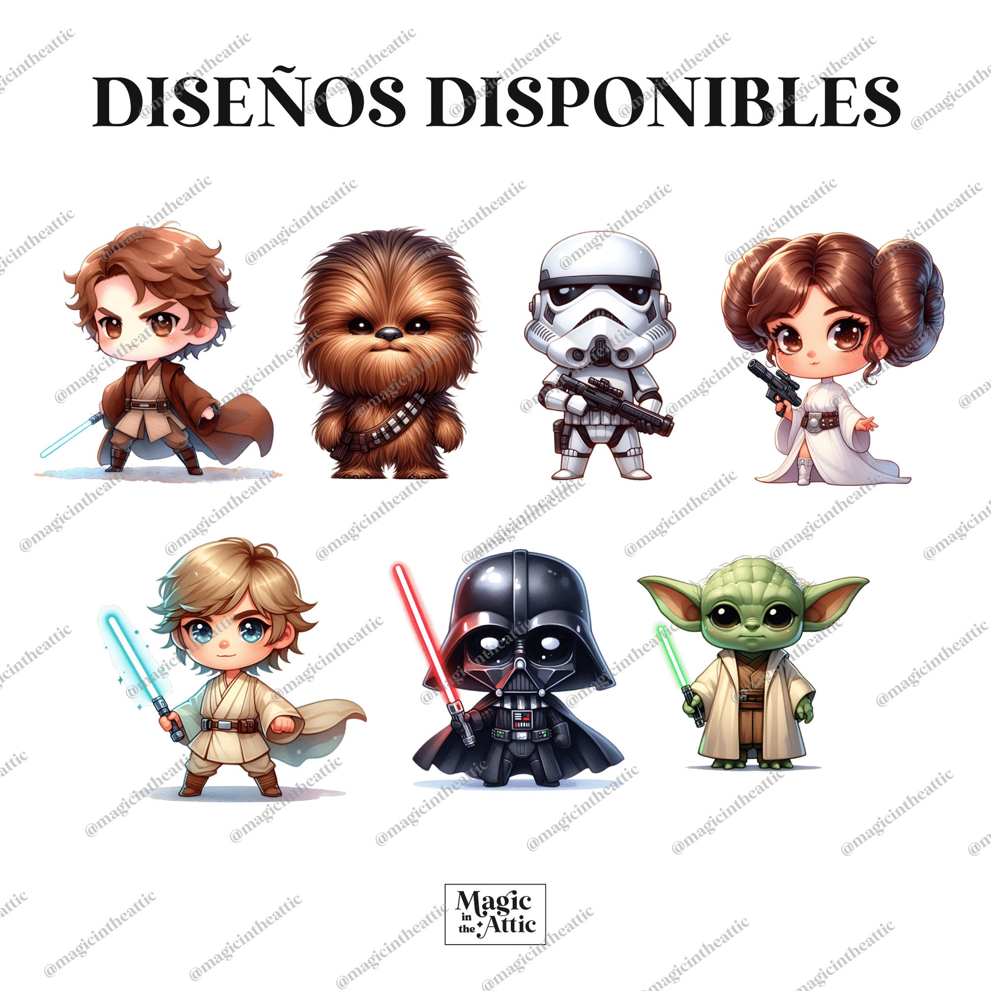Diseños disponibles para el body de bebé inspirado en star wars. Diseños disponibles: anakin skywalker, chewbacca, stormtrooper, princesa leia, luke skywalker, darth cader y yoda