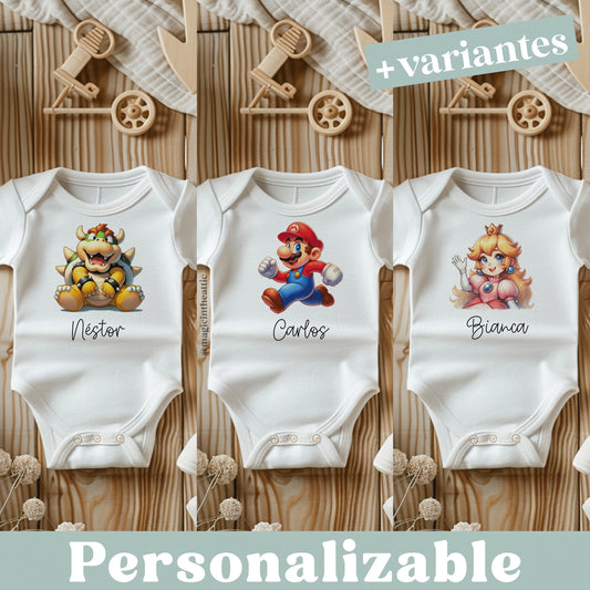 Body para bebé inspirado en super mario. Modelos disponibles: bowser, mario, princesa peach, luigi, toad y yoshi. Personalizable con el nombre del bebé.
