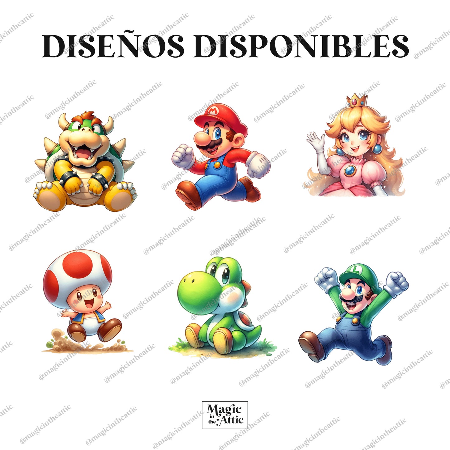 Diseños disponibles para el body de bebé inspirado en super mario. Diseños disponibles: bowser, mario, princesa peach, toad, yoshi y luigi