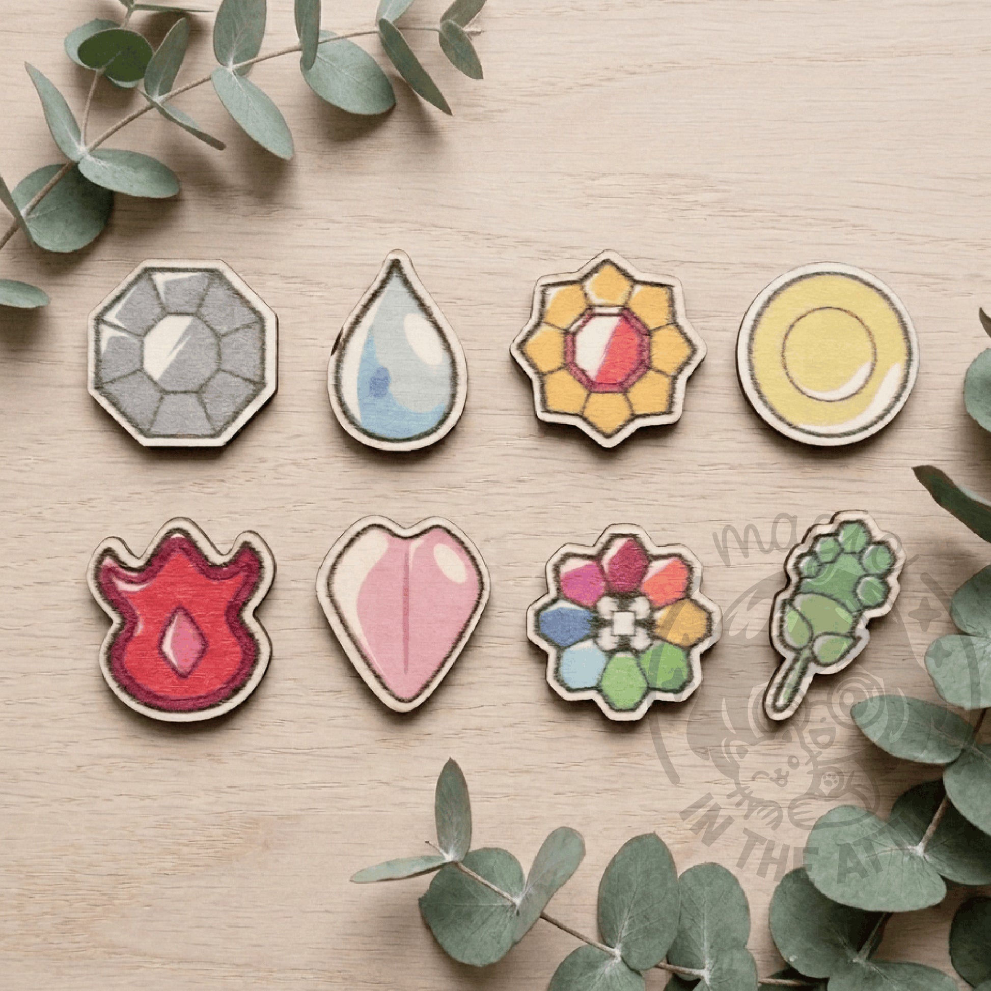 Set de imanes de nevera de madera con diseño de medallas de gimnasio Pokémon Kanto, hechos con láser
