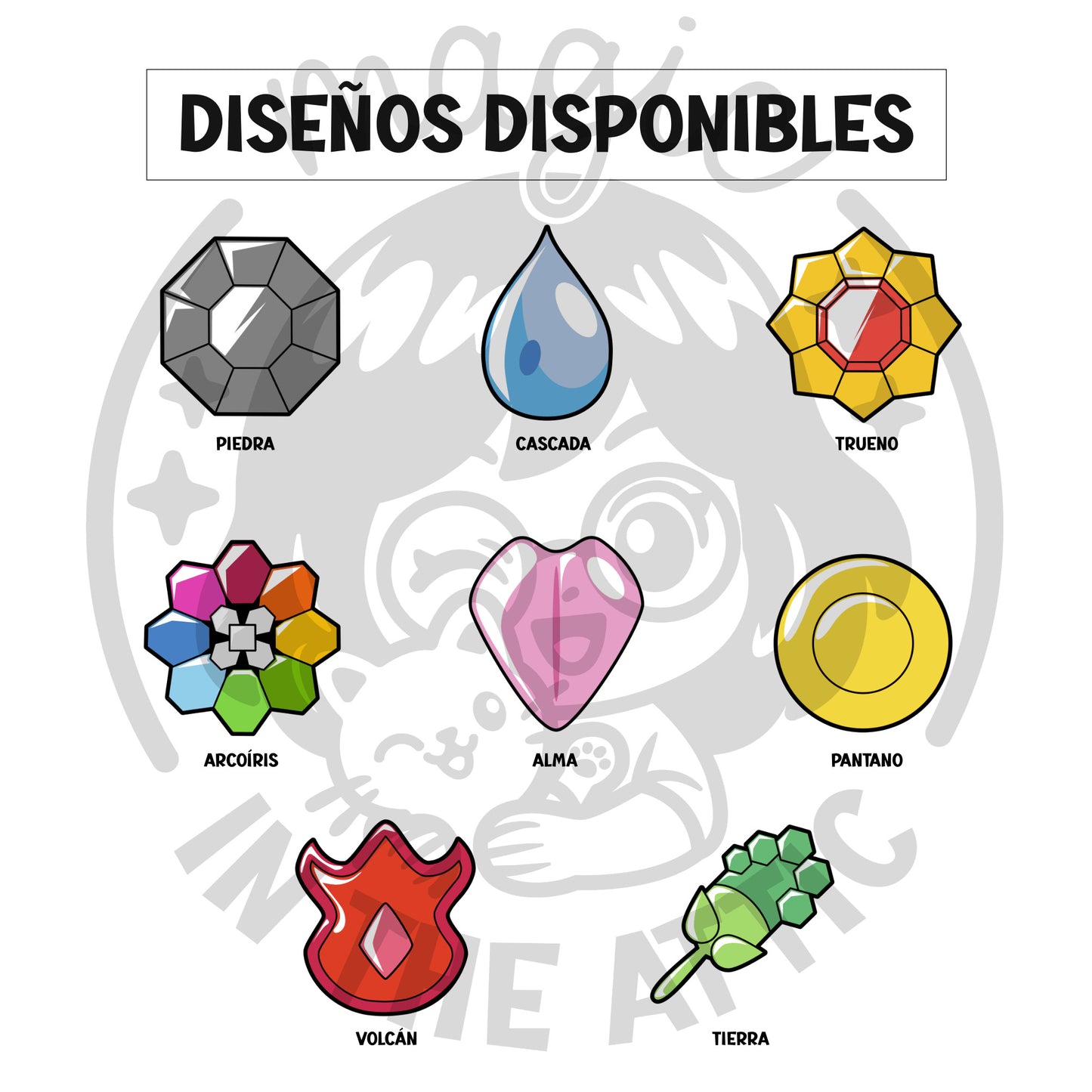 diseños disponibles en imán de medalla Pokémon Kanto cortado con láser