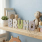 Letras de madera Monsters Inc BRUNO apoyadas en estantería con planta y peluche al fondo