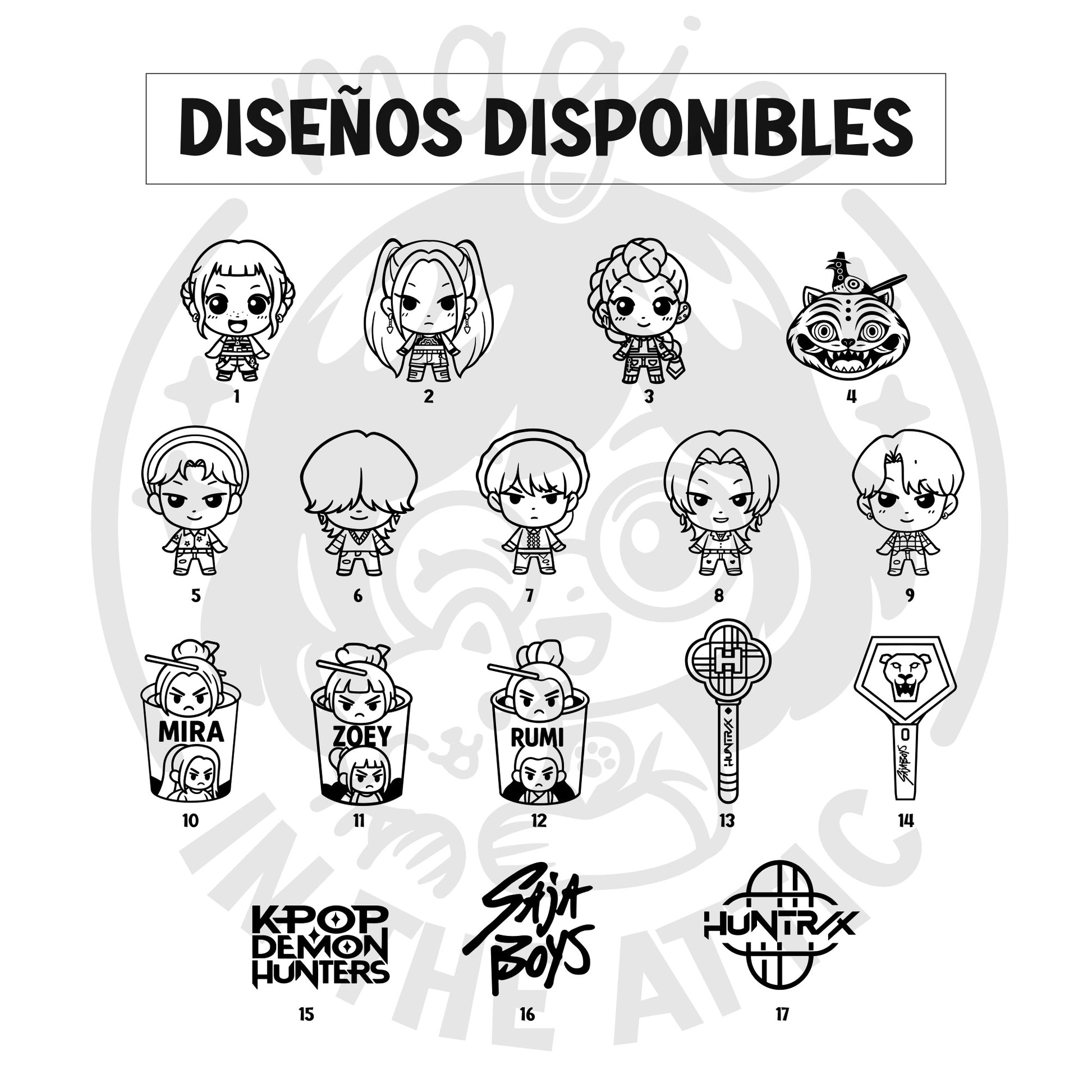 distintos diseños para Llaveros de madera grabados de KPop Demon Hunters