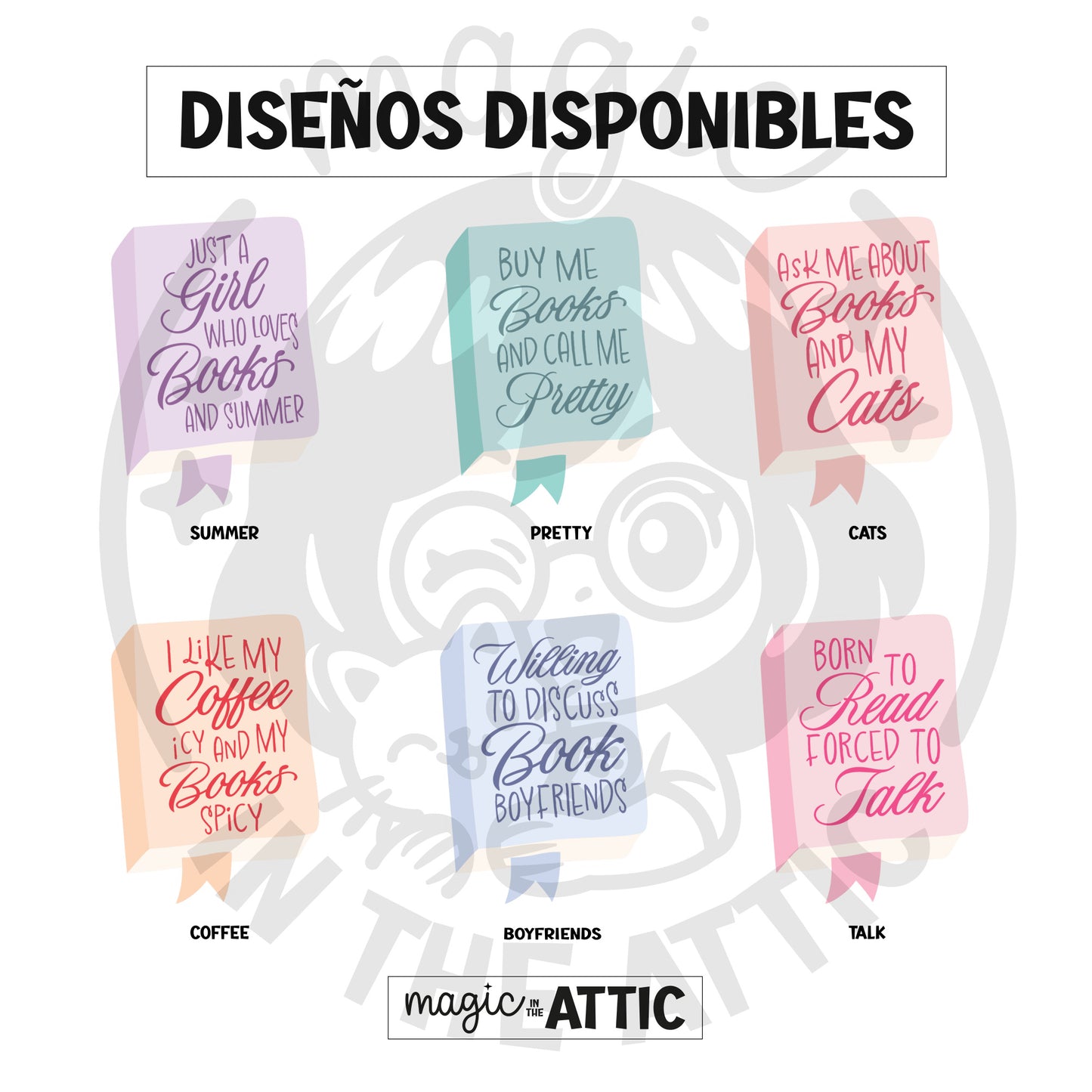 Diseños disponibles de marcapáginas imantados con frases lectoras: Summer, Pretty, Cats, Coffee, Boyfriends, Talk