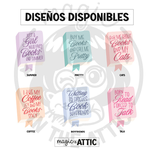 Diseños disponibles de marcapáginas imantados con frases lectoras: Summer, Pretty, Cats, Coffee, Boyfriends, Talk