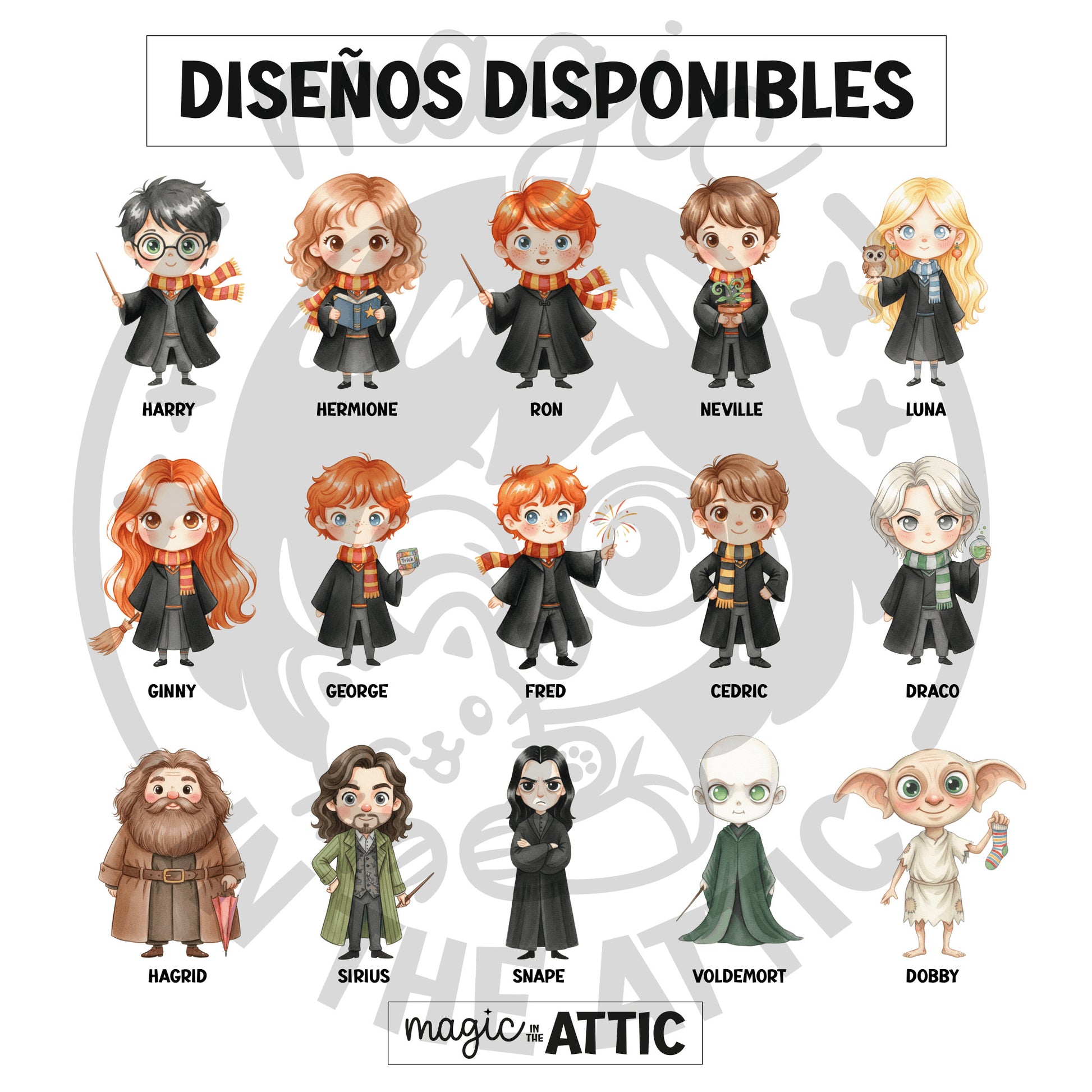 Diseños disponibles de marcapáginas imantados de personajes de Harry Potter: Harry, Hermione, Ron, Neville, Luna y más