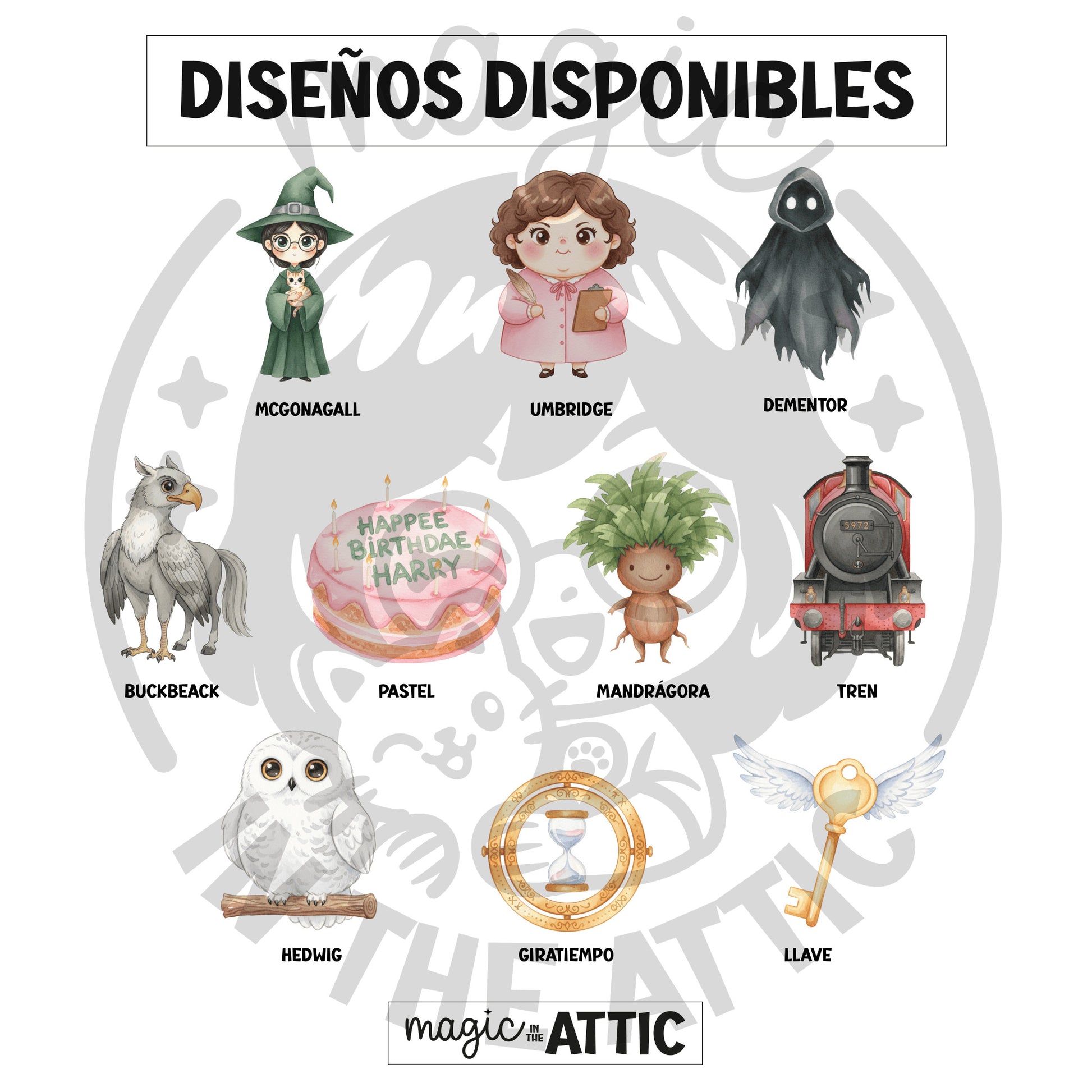 Diseños disponibles de marcapáginas imantados de iconos de Harry Potter: McGonagall, Dementor, Buckbeak, Hedwig, giratiempo y más