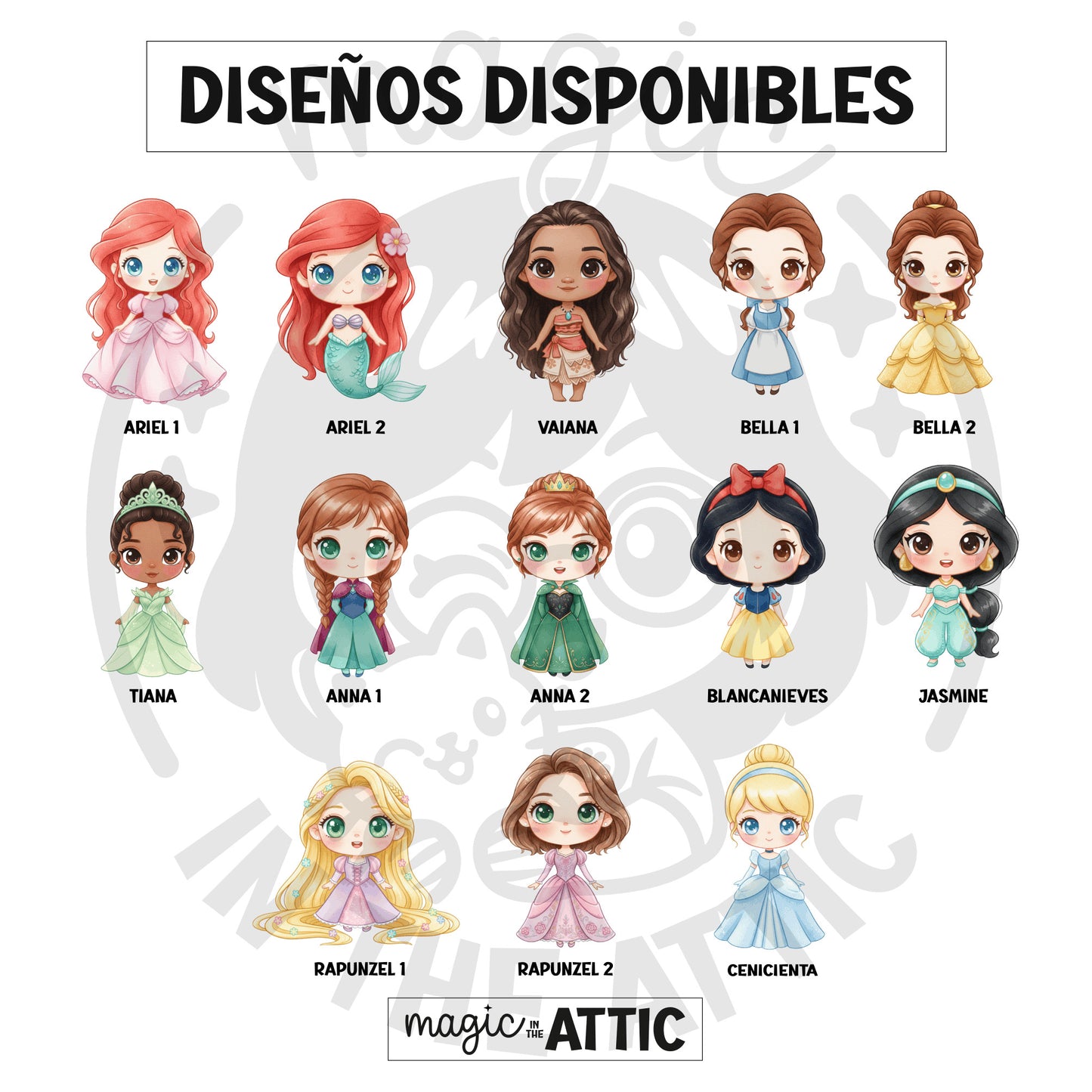 Diseños disponibles de marcapáginas imantados de princesas Disney: Ariel, Vaiana, Bella, Tiana, Anna, Blancanieves, Jasmine, Rapunzel, Cenicienta