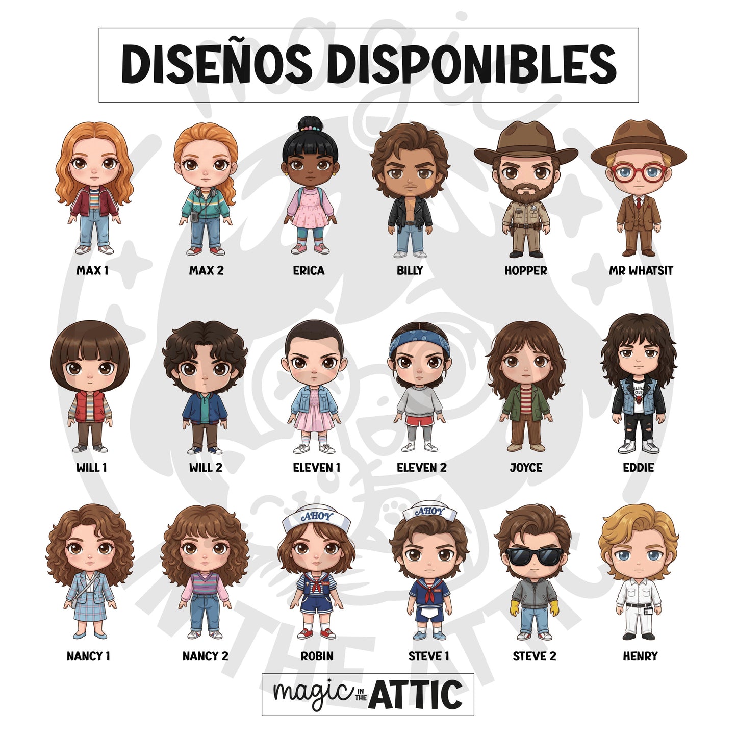 Diseños disponibles de marcapáginas imantados de Stranger Things: Max, Erica, Billy, Hopper, Will, Eleven, Joyce, Eddie, Nancy, Robin, Steve, Henry