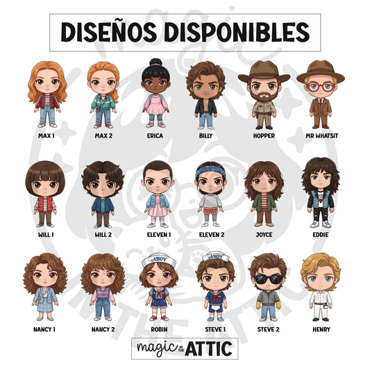 Diseños disponibles de marcapáginas imantados de Stranger Things: Max, Erica, Billy, Hopper, Will, Eleven, Joyce, Eddie, Nancy, Robin, Steve, Henry