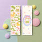 Dos marcapáginas con ilustraciones de ranitas cute con lazos rosas, patitos y nenúfares en paleta verde salvia y crema