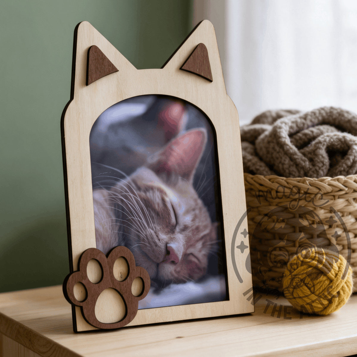 Marco de madera con forma de gato personalizado con foto de mascota sobre aparador de madera clara junto a cesta de mimbre