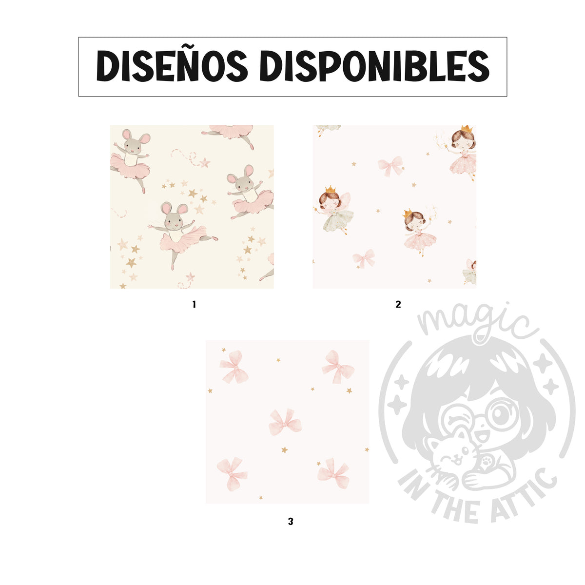 Los tres estampados disponibles para la placa de bailarinas: ratoncitas con tutú y estrellas, bailarinas con lazos y lacitos rosas