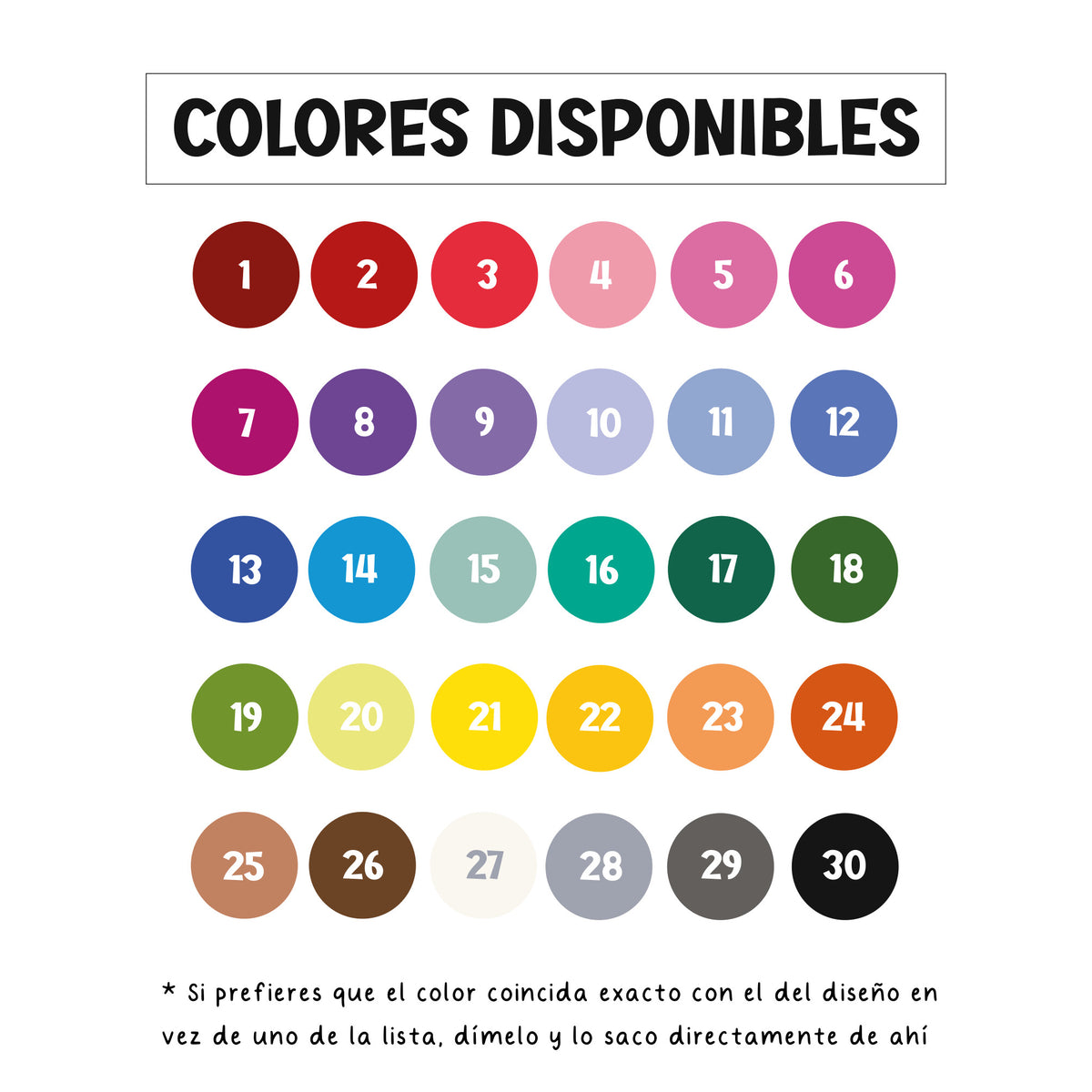 Carta de los 30 colores disponibles para el nombre de la placa de madera, numerados del 1 al 30