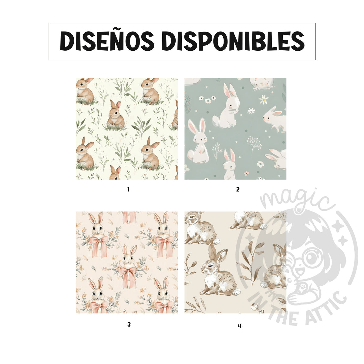 Los cuatro estampados disponibles para la placa de conejitos: conejitos entre hierbas sobre fondo crema, conejitos blancos sobre verde salvia, conejitos con lazos rosas y conejitos saltando en tonos tierra