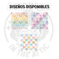 Los tres estampados disponibles para la placa de Mickey: cuadros con flores y siluetas de Mickey en pastel, cuadros rosa y lila con Mickey, y siluetas de Mickey de colores sobre fondo crema