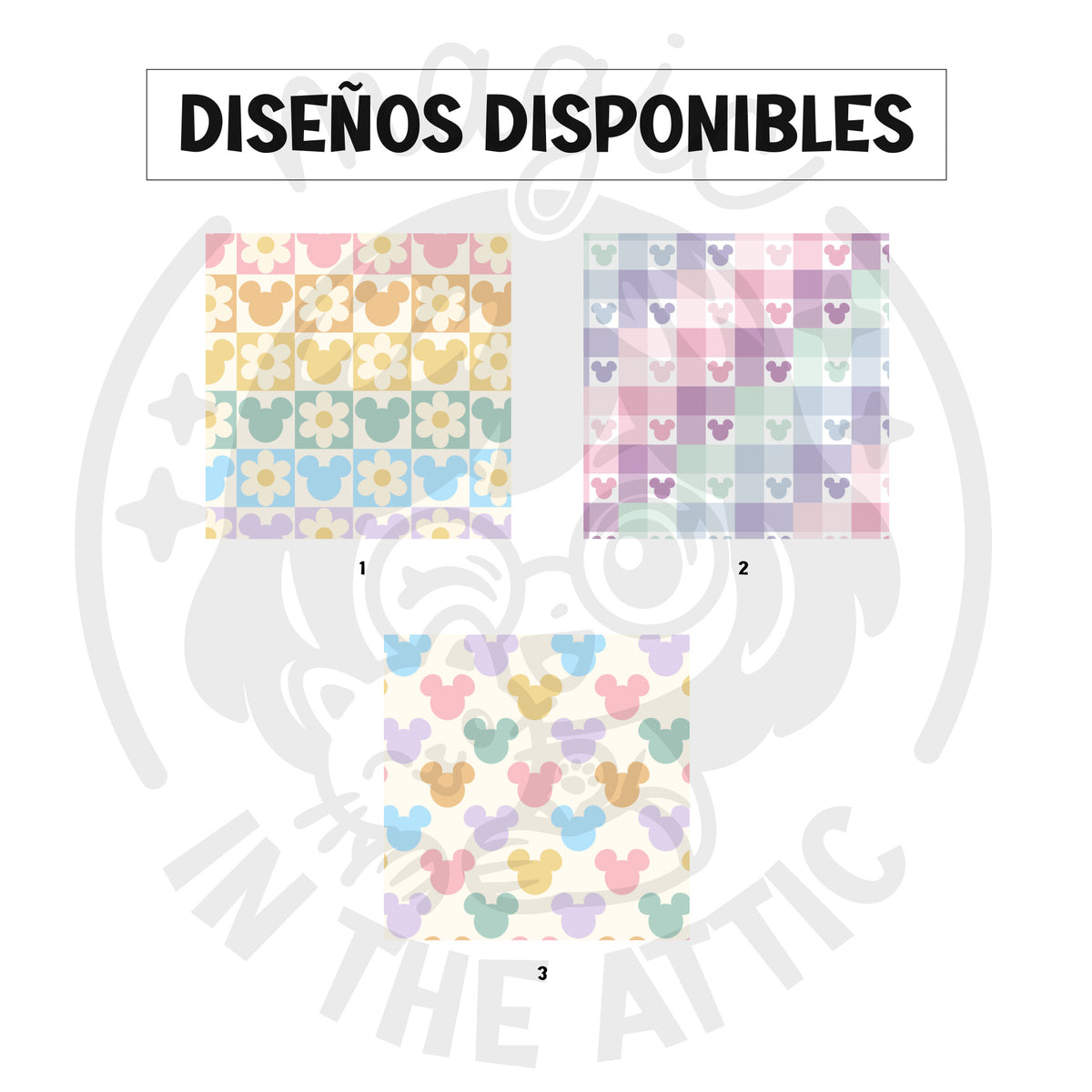 Los tres estampados disponibles para la placa de Mickey: cuadros con flores y siluetas de Mickey en pastel, cuadros rosa y lila con Mickey, y siluetas de Mickey de colores sobre fondo crema
