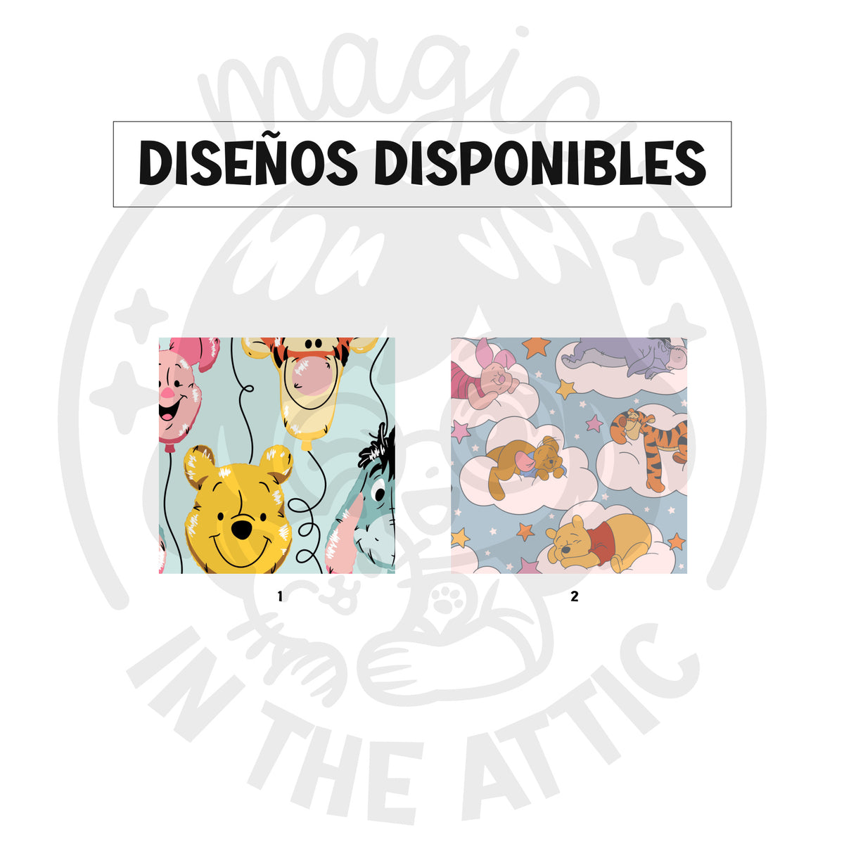 Los dos estampados disponibles para la placa de Winnie the Pooh: los personajes como globos sobre fondo verde agua, y los personajes durmiendo entre nubes sobre fondo azul
