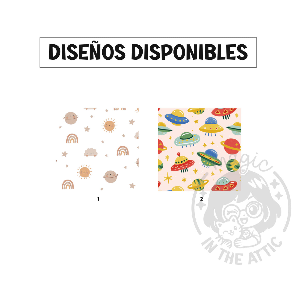 Los dos estampados disponibles para la placa de galaxia: planetas, soles y arcoíris en tonos tierra, y naves espaciales y ovnis de colores