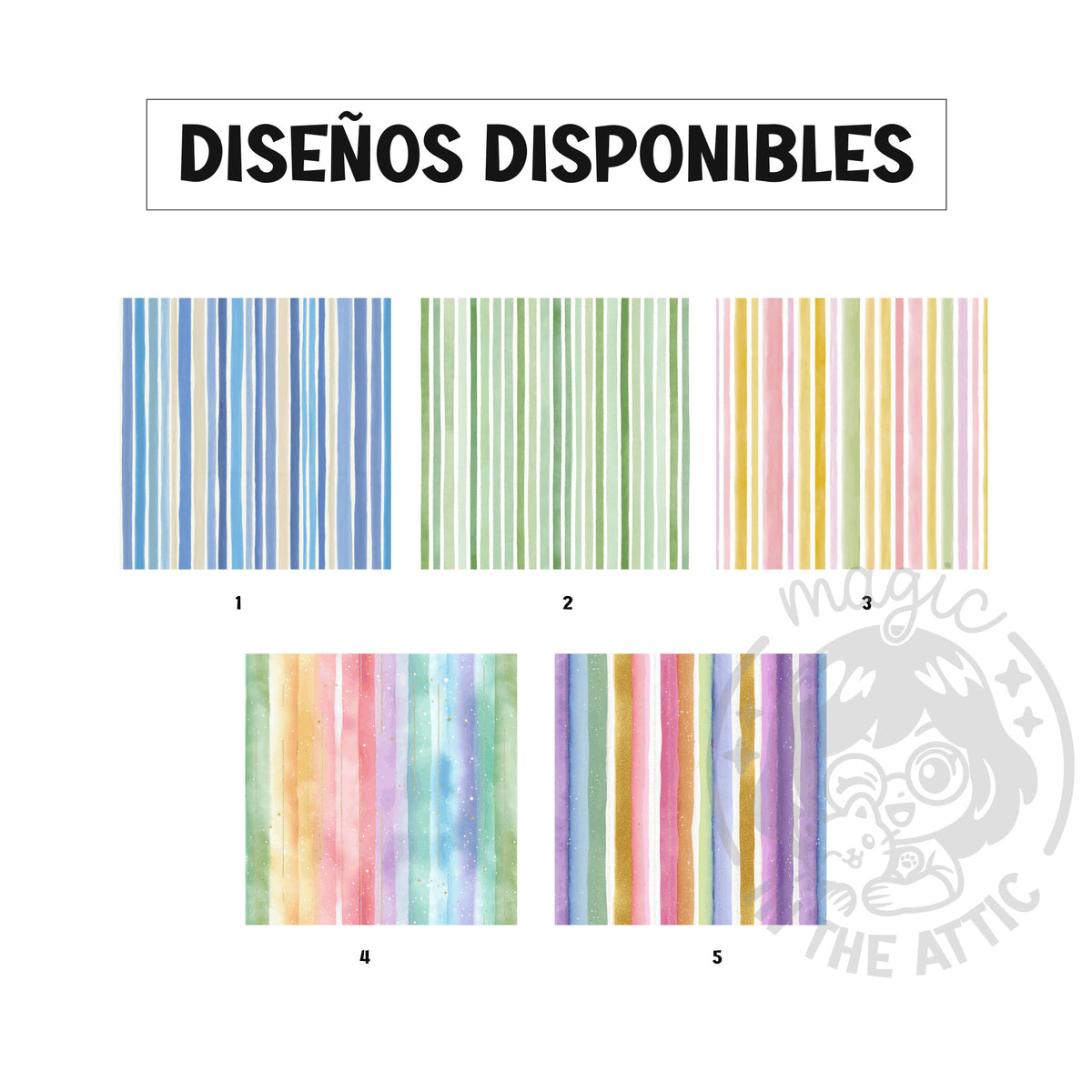Los cinco estampados de rayas de acuarela disponibles: azules, verdes, pastel, arcoíris difuminado y multicolor