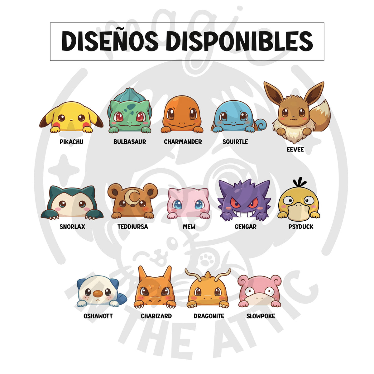 Los Pokémon disponibles para la placa con nombre: Pikachu, Bulbasaur, Charmander, Squirtle, Eevee, Snorlax, Teddiursa, Mew, Gengar, Psyduck, Oshawott, Charizard, Dragonite y Slowpoke