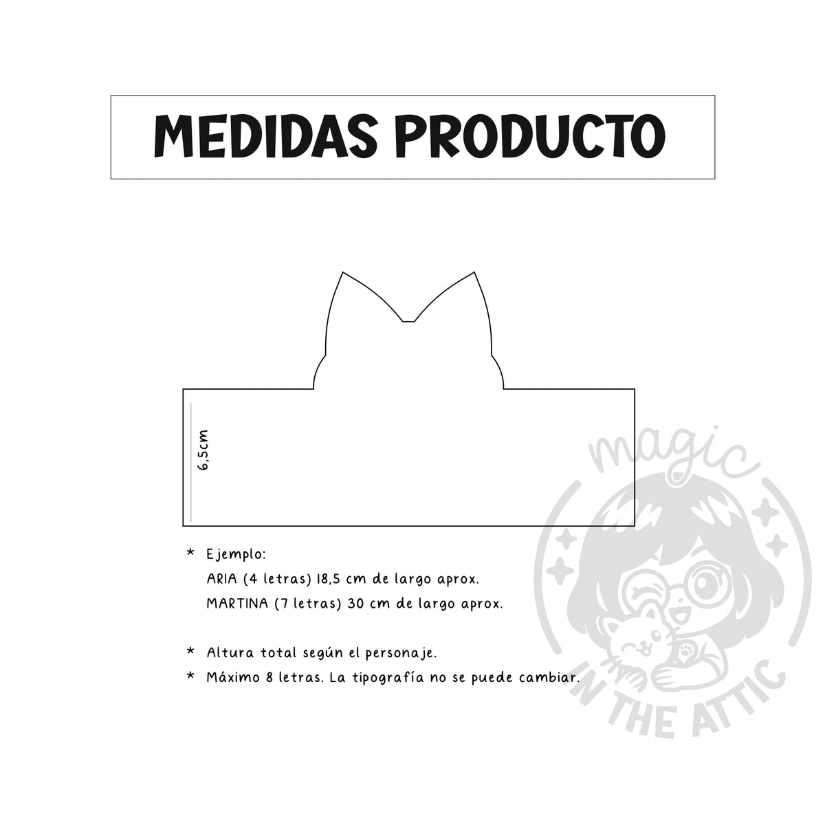 Medidas de la placa de madera con Pokémon asomando: base de 6,5 cm de altura, unos 18,5 cm de largo para un nombre de 4 letras y unos 30 cm para uno de 7, con un máximo de 8 letras