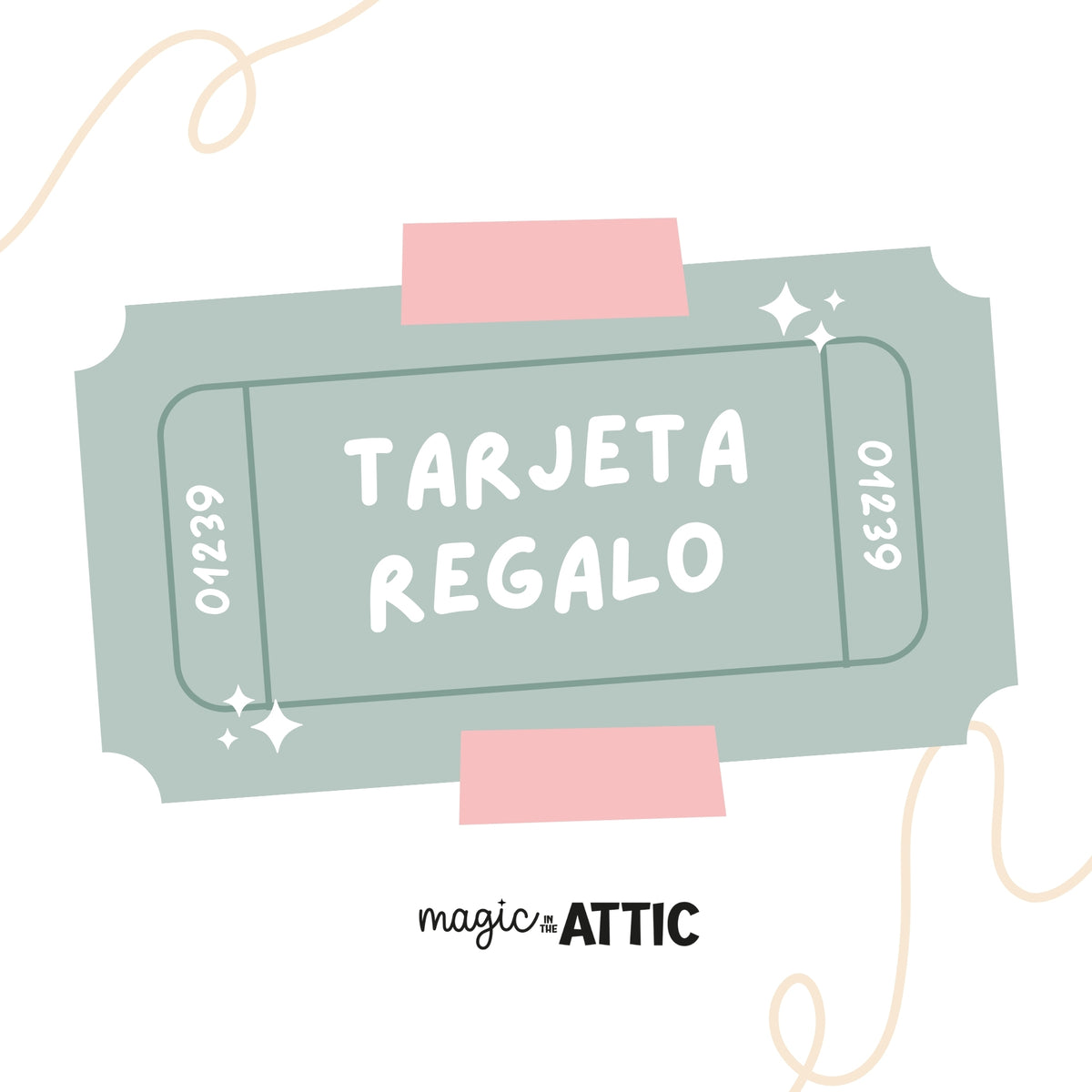Tarjeta regalo de Magic in the Attic con diseño de ticket verde salvia y cintas rosas
