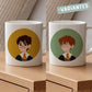 Cuatro tazas blancas con diseños individuales de Harry Potter, Ron Weasley, Hermione Granger y Luna Lovegood